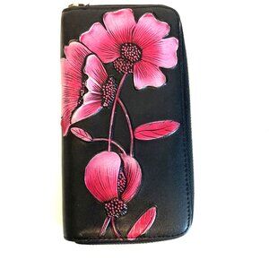 Genuine Leather Black and Pink Flowered Clutch or Wallet